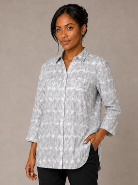 Lafayette 148 New York Linen Abstract Wave Button-Up Shirt White Gray XL